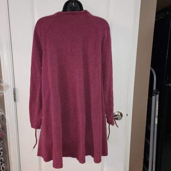 VERY J Tunic Dress Women Medium M Wine Red Long Lace Up Sleeve Mini 100% Cotton - Picture 2 of 12